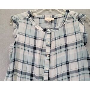 Loft Womens Blouse Medium White/Blue Plaid 3/4 Button‎ Up Sleeveless Lightweight
